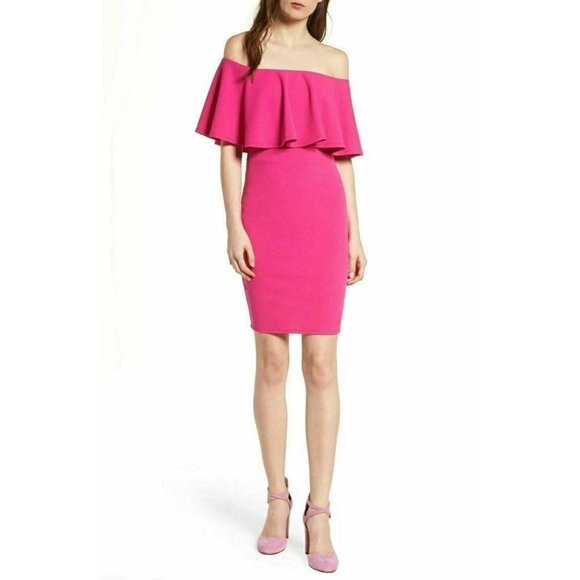Soprano Womens Pink Ruffle Off-the-Shoulder Bodycon Dress Size S - Picture 9 of 13